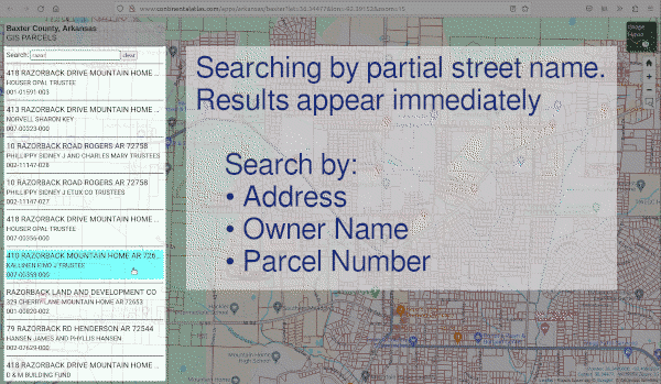 Search supports Address, Owner Name, and Parcel Number. Results appear immediately!